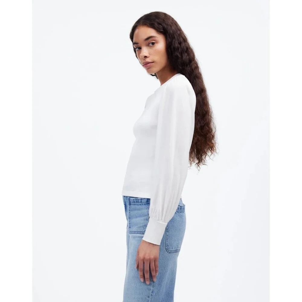 Madewell XXS Ribbed Puff Sleeve Top White 100% Cotton Slim Fit Round Neck NWT